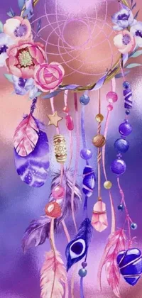 Introducing a stunning live wallpaper for your phone featuring a watercolor painting of a dream catcher with flowers and feathers
