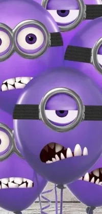 This phone live wallpaper features a myriad of vibrant purple balloons adorned with minion faces, adding a playful and whimsical touch to your device