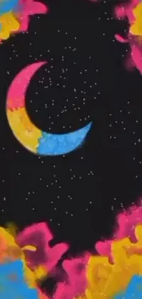 Enjoy a mesmerizing live wallpaper for your phone featuring a beautiful crescent in a psychedelic sky