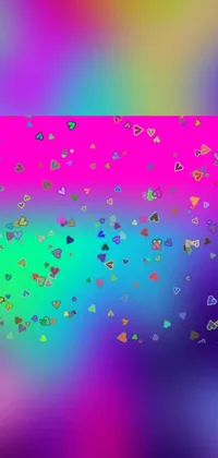This live phone wallpaper features a stunning gradient of bright colors in a rainbow spectrum adorned with hearts, creating a cheerful and joyful vibe for your phone