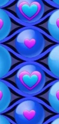 This live phone wallpaper features a vibrant blue and pink heart pattern on a black backdrop