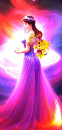 This phone live wallpaper features stunning digital art of a woman in a purple dress, surrounded by a vibrant red and purple nebula