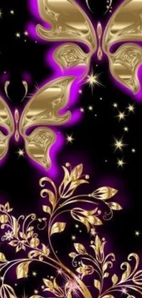If you're looking for a dynamic and striking live wallpaper, look no further than this stunning design! Featuring a striking purple and gold butterfly set against an ebony black backdrop, this digital artwork is sure to impress