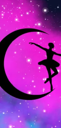 This phone live wallpaper features a stunning silhouette of a ballerina on a crescent against a mystical purplish space background and starry night sky