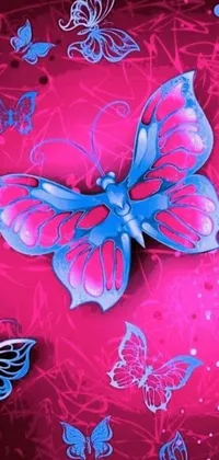 This vivid phone live wallpaper features a stunning butterfly up close on a rich pink background
