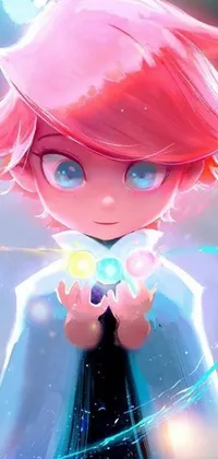 Phone live wallpaper featuring a cute digital art design of a pink-haired girl holding a crystal ball