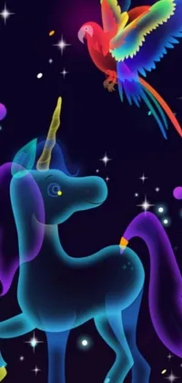 This live wallpaper for your phone features a stunning digital art image of a unicorn and a bird