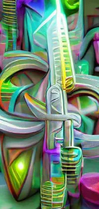 This vibrant live wallpaper for your phone features a close up of a sword set against a backdrop of vivid graffiti art