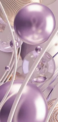 This abstract live phone wallpaper features beautiful purple and white ornaments hanging from the top of the screen, adorned with pearls and trendy purple tubes