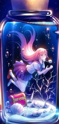 This live wallpaper features a captivating illustration of a girl trapped in a glass jar