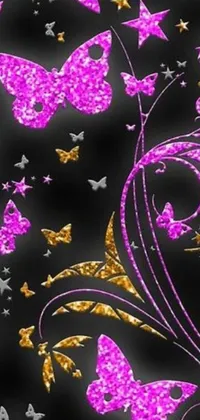 Looking for a lively and vibrant wallpaper to add some glamour and sophistication to your mobile device? Look no further than this stunning live phone wallpaper! Featuring a purple and gold butterfly pattern on a sleek black background, this wallpaper is accented with DeviantArt style flourishes and glittering crystals that add a touch of sparkle and shine