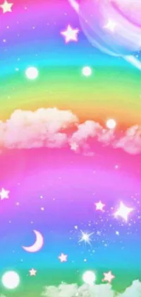 This stunning phone live wallpaper showcases a rainbow in the sky with dreamy soft pastel colors and glittery stars twinkling in the background