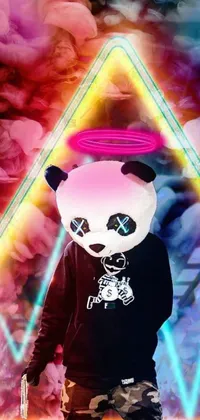 This live wallpaper for your phone features a unique image of a panda wearing a halo amid a digital painting backdrop