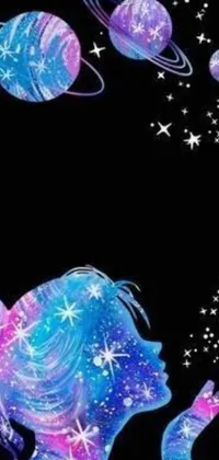 This stunning live wallpaper captures a dreamy girl gazing up at cosmic wonders with vibrant neon-hued stars and planets surrounding her against a black background