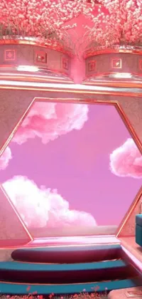 This live wallpaper for phones showcases a retrofuturistic room with a mirror at its center and hexagon motifs in the sky