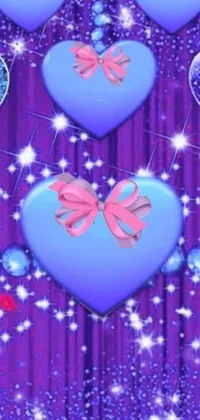 Enhance your phone's look with this lively live wallpaper featuring a colorful purple and blue background adorned with cute hearts and bows