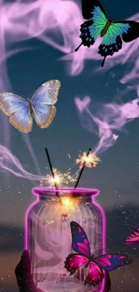 Enjoy the enchanting view of a glass jar filled with fluttering butterflies and sparkling fireworks on this live wallpaper