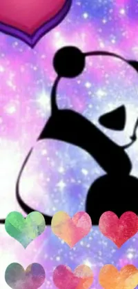 Get your phone ready for cute overload with this live wallpaper! Featuring a charming panda bear holding a heart in a colorful galaxy universe, this wallpaper's vibrant hues of purple, pink, and blue make for a stunning visual