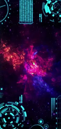 This live wallpaper features a close-up of a cell phone with a captivating galaxy background