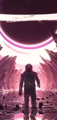 This phone live wallpaper features a space man standing in front of a planet, dressed in an intricate blue space suit