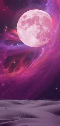 This stunning phone live wallpaper features a digital art design of a full moon in a purplish, universe-inspired background