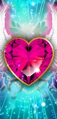 This phone live wallpaper features a stunning pink heart with wings against a vibrant blue background, adorned with glittering gemstones and treasures, including a rare red emerald