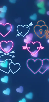 The Neon Hearts live wallpaper is a stunning phone background featuring vibrant multicolored hearts on a dark background