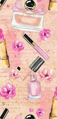 This stunning phone live wallpaper features a charming pattern of perfume bottles and lipsticks positioned on a beautiful pink background