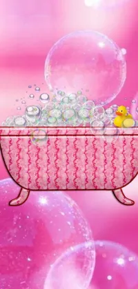 This phone live wallpaper showcases a delightful pink bathtub brimming with bubbles and an adorable rubber duck