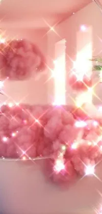 This live wallpaper is a delightful digital art creation that depicts a bathtub overflowing with soft pink cotton floss beside a glowing Christmas tree