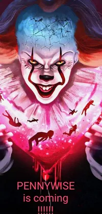 This live phone wallpaper features the sinister poster for a popular horror movie character, Pennywise the clown