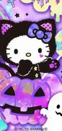 This phone live wallpaper features an adorable Hello Kitty character in a close-up view against a vibrant purple background