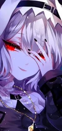 This phone live wallpaper features an anime-style girl with white hair and red eyes, surrounded by black mist that transitions into vibrant red hues, conveying her inner turmoil