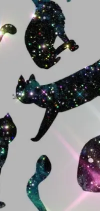 This phone live wallpaper features a group of adorable cats floating in a mystical space against a gray background with silhouettes
