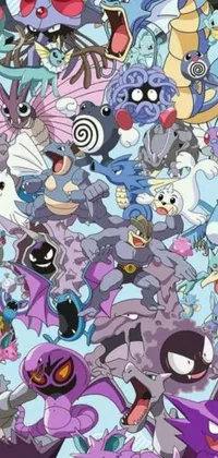 This animated wallpaper for your phone showcases a variety of cartoon characters set against a blue background with an invading army