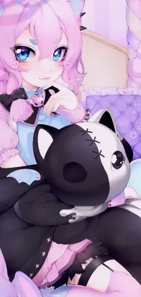 This phone live wallpaper showcases a delightful image of anime characters snuggled up on a bed surrounded by charming furry art