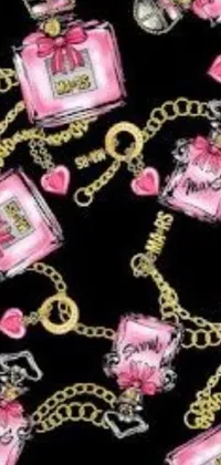 This live phone wallpaper features a black background adorned with pink perfume bottles and chains in a creative and artistic design inspired by street art and high fashion