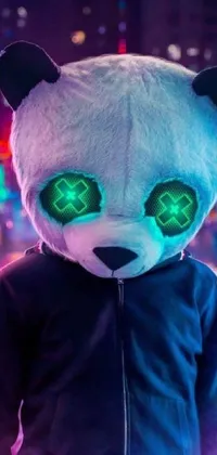 This furry and cyberpunk-inspired live wallpaper for your phone features a striking image of a person wearing a panda mask