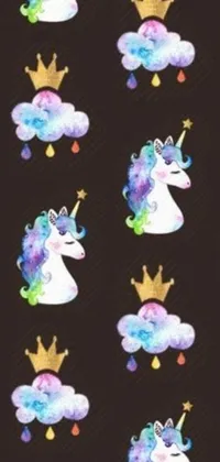 This live phone wallpaper features a charming pattern of unicorns and clouds set against a black background