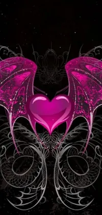 This gothic-inspired live phone wallpaper showcases a stunning pink heart with wings on a black background
