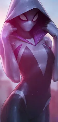 This phone live wallpaper features a striking image of a hooded person wearing a violet tank top and Spiderwoman-like full-body suit with glowing eyes