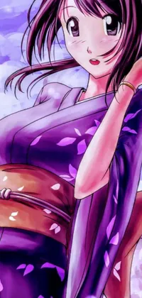 This phone live wallpaper features a stunning anime-style girl wearing a traditional purple kimono