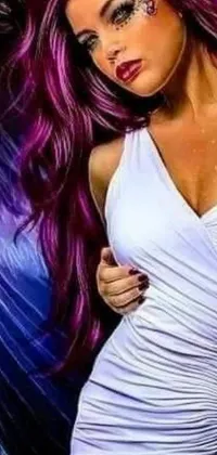 This stunning phone live wallpaper features an enchanting white-gowned woman with purple hair and fur covering her chest and shoulders in a close-up tachisme airbrush painting style