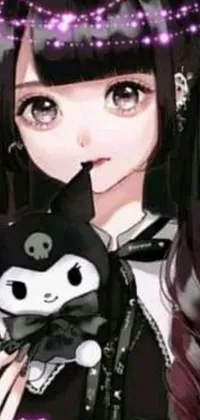 This gothic-themed live wallpaper features an intricately illustrated young woman with striking black sclera eyes holding a stuffed animal