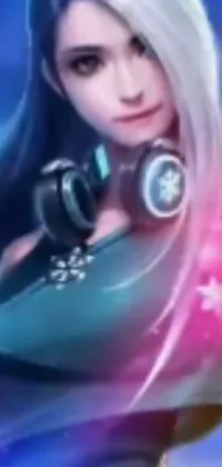 Check out this captivating live wallpaper for your phone featuring an airbrush painted image of a headphone-clad woman with shimmering silver locks