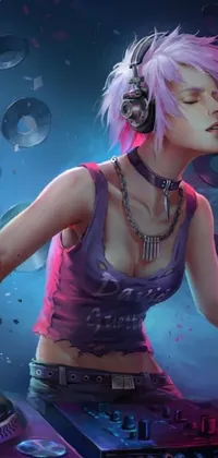 This live phone wallpaper features a stunning Cyberpunk art work of a girl with short white hair, wearing purple headphones and playing music