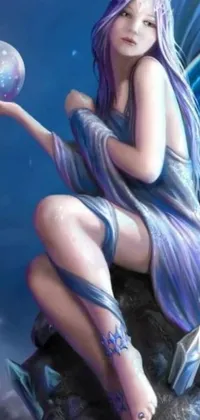 Get mesmerized by this stunning phone live wallpaper featuring a fairy sitting on a rock holding a crystal ball