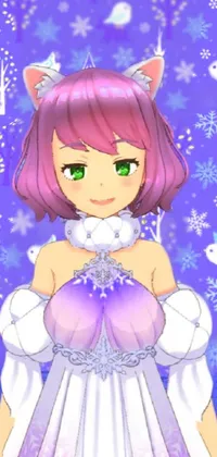 This live phone wallpaper features a girl dressed in a flowing purple dress standing in front of falling snowflakes
