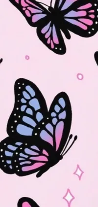 This live wallpaper features a colorful pattern of fluttering butterflies on a soft pink background