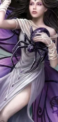This phone live wallpaper features a stunning painting of a mystical fairy wearing a white and purple costume by Anne Stokes